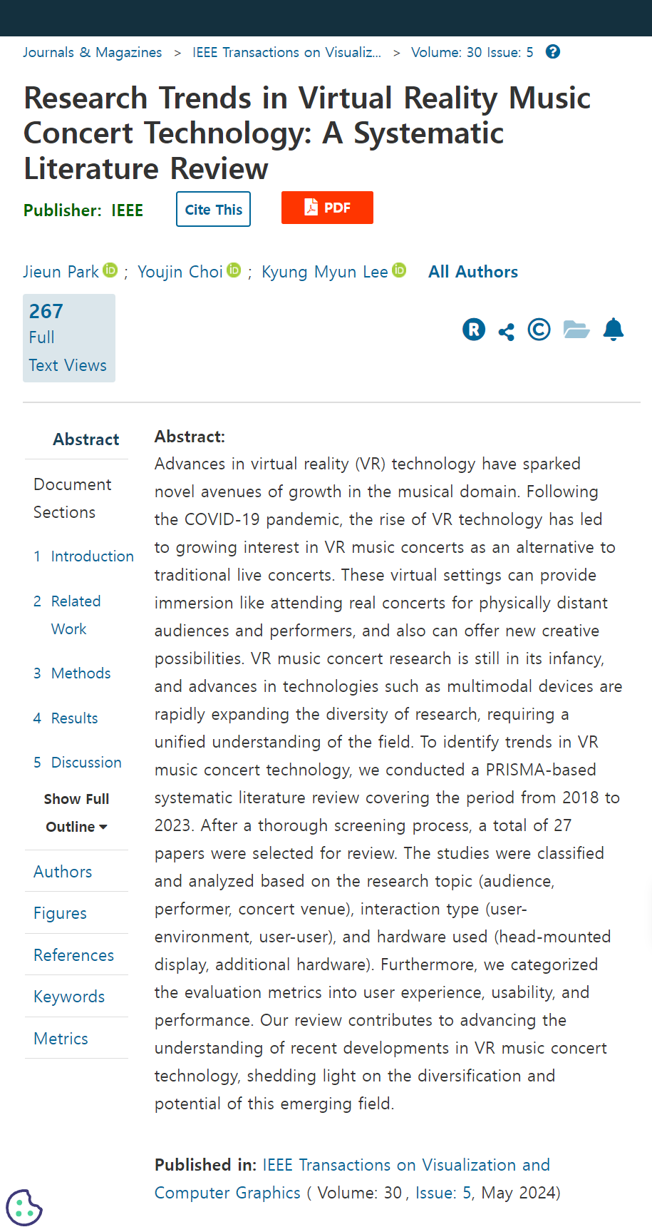 이경면 교수 논문 'Research Trends in Virtual Reality Music Concert Technology: A Systematic Literature Review' IEEE Transactions on Visualization and Computer Graphics에 게재